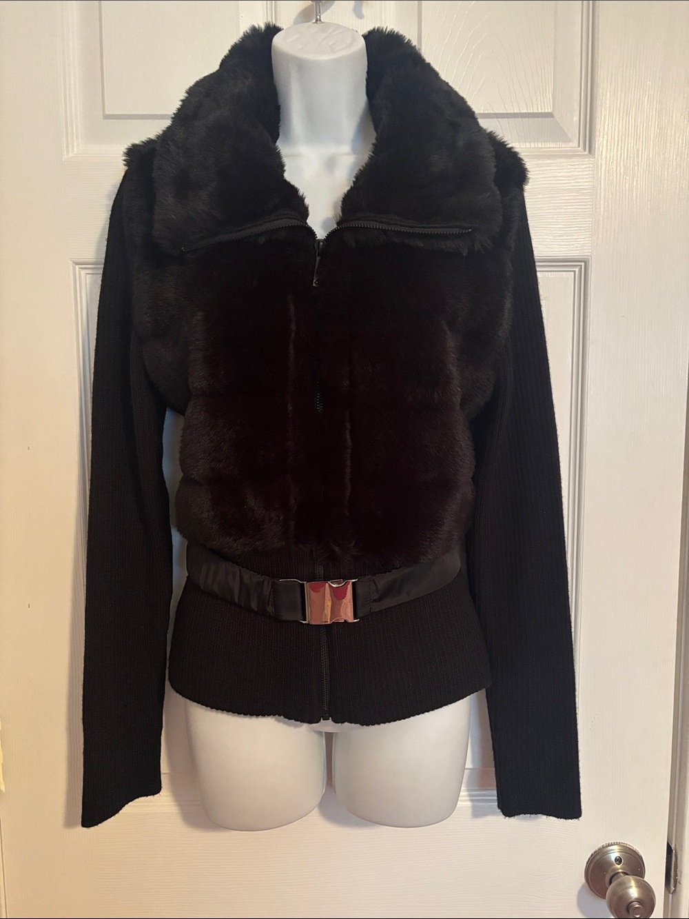White House Black Market Black Faux-Fur Zip Front Women's sweater